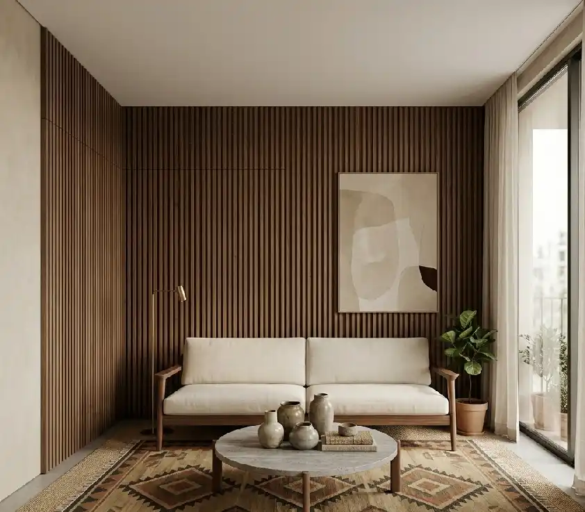 Small Minimalist Living Room Defined by Vertical Slatted Walnut ...